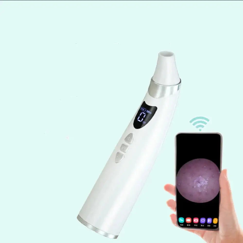 White and silver handheld dermatology device with digital display for skin analysis in visual blackhead suction pore vacuum with hd camera
