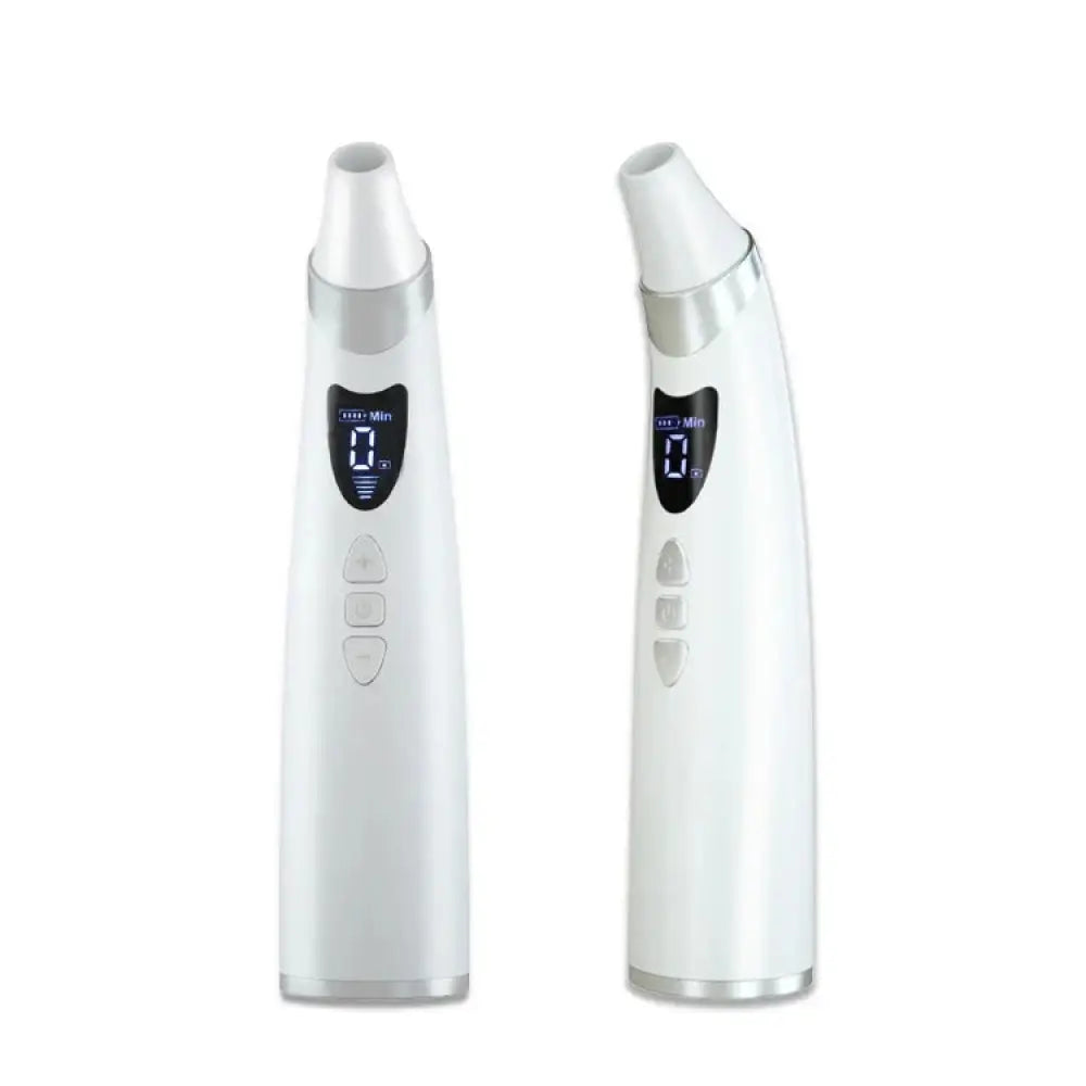 Two sleek white electronic facial cleansing devices with silver accents and digital displays for blackhead suction and hd camera usage