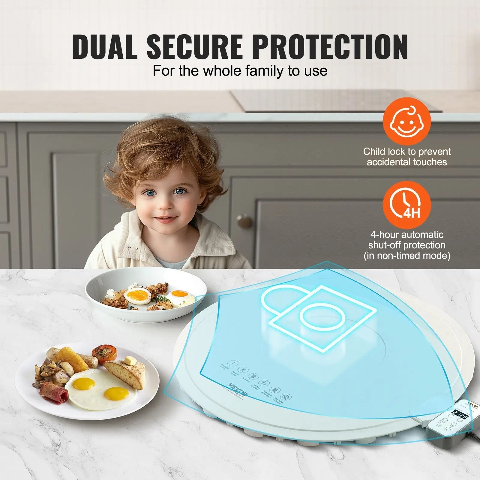 Light blue and white electric warming tray rollable food mat with child lock and 4-hour automatic shut-off protection