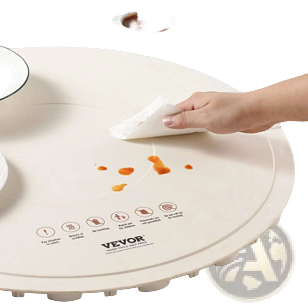 Cream-colored circular induction cooktop with smooth glossy surface and raised edge on electric warming tray rollable mat with timer