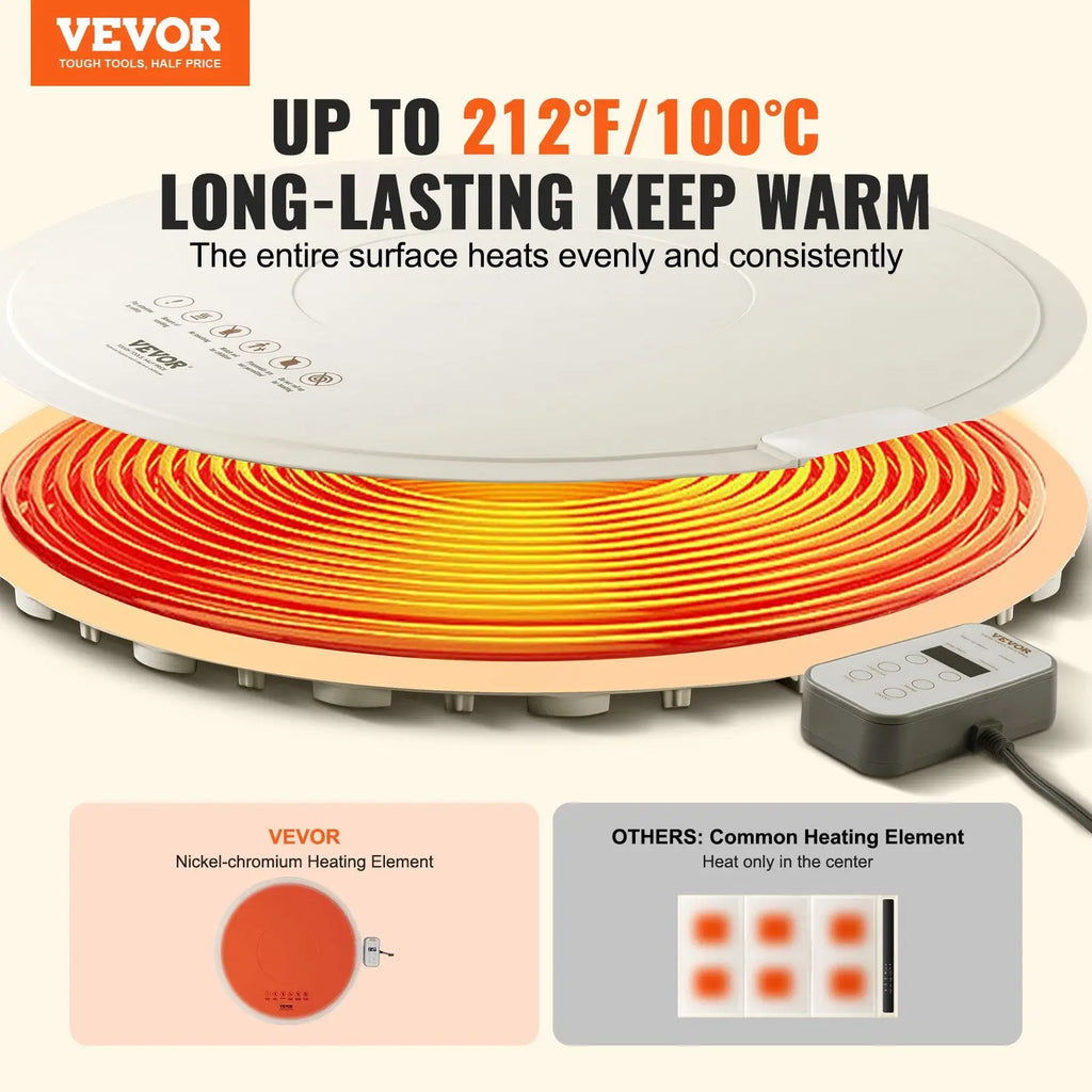 White circular electric warming tray rollable food mat with glowing nickel-chromium heating element and side control panel