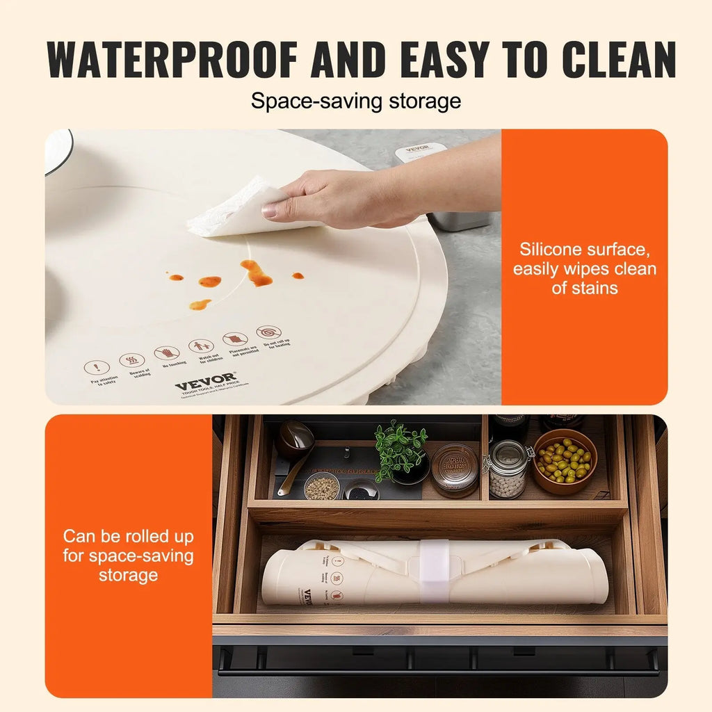 Cream-colored silicone-coated round cutting board designed for waterproof easy-to-clean use with electric warming tray timer