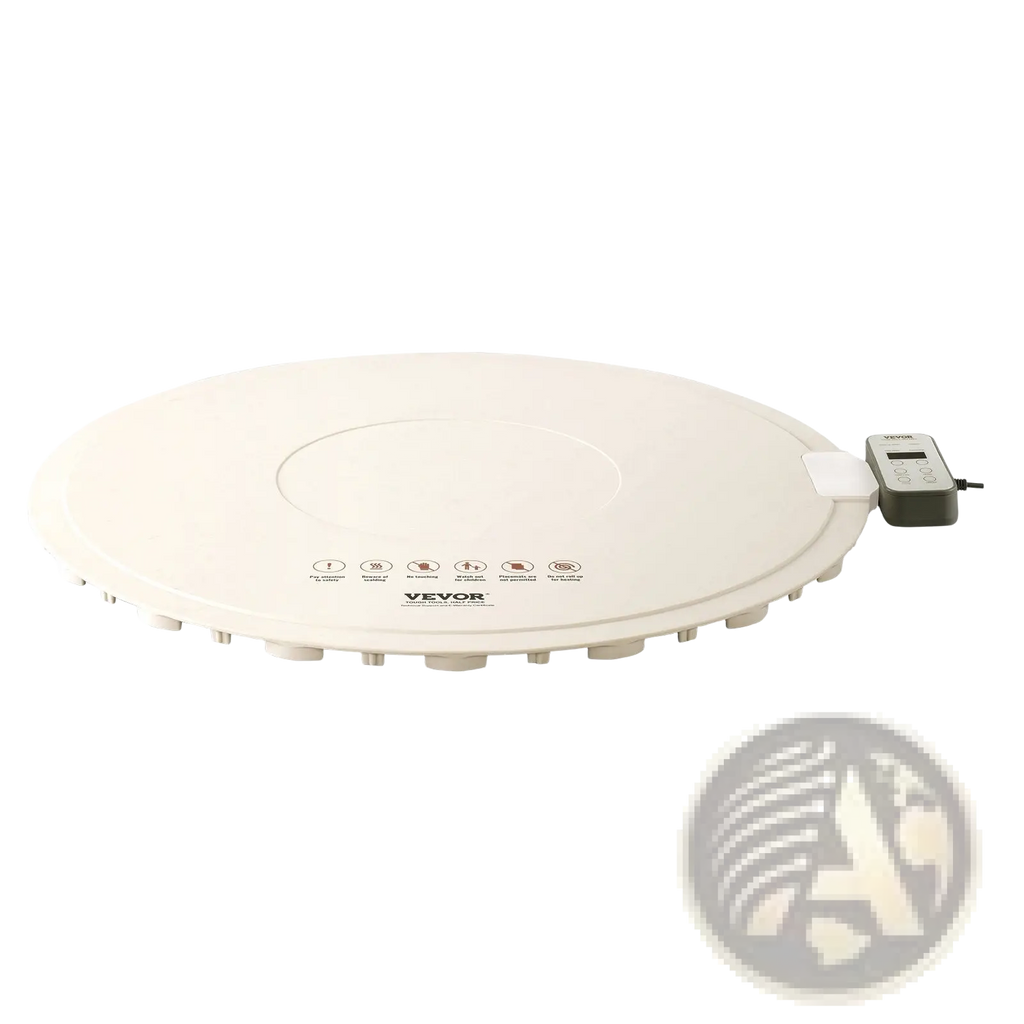 Cream-colored circular electric warming tray with digital control panel and safety icons for food warming and timing