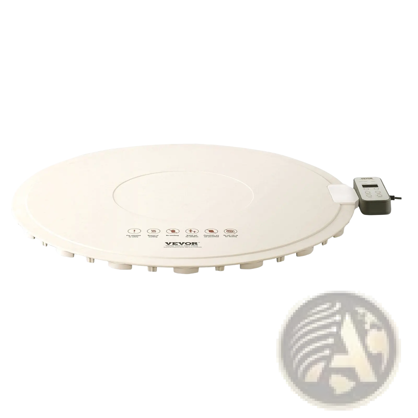 Cream-colored circular electric warming tray with digital control panel and safety icons for food warming and timing