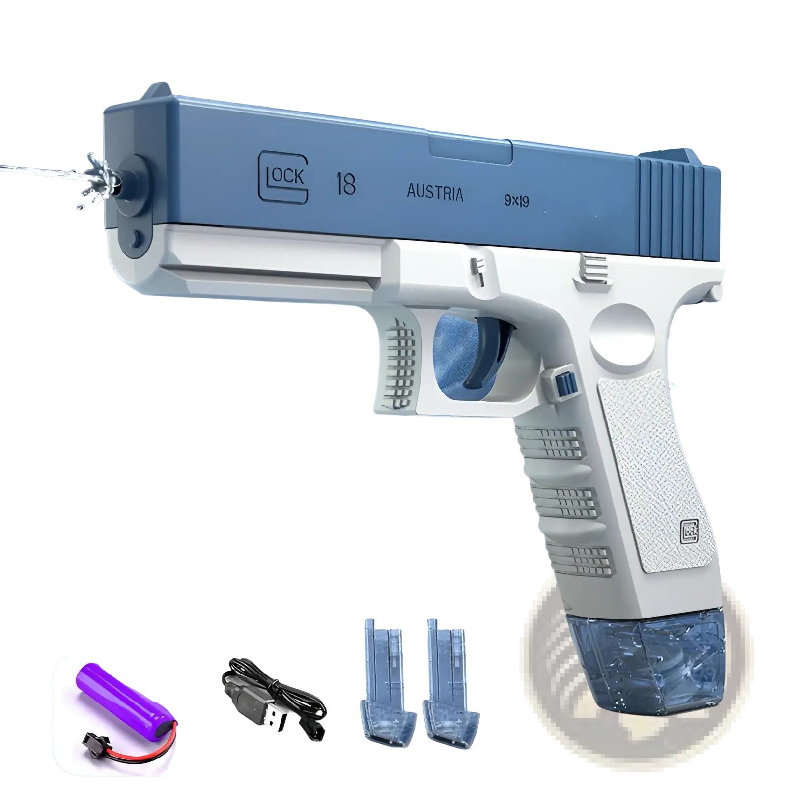 Blue and white electric water gun resembling a Glock 18 with textured grip panels and a translucent reservoir for kids