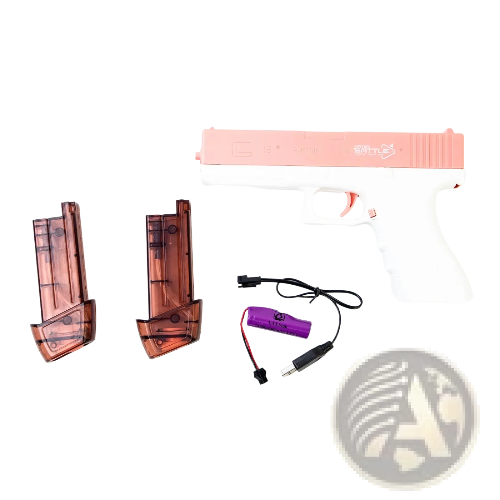 Electric water gun automatic glock toy for kids in pink and white plastic with translucent brown magazines and purple battery