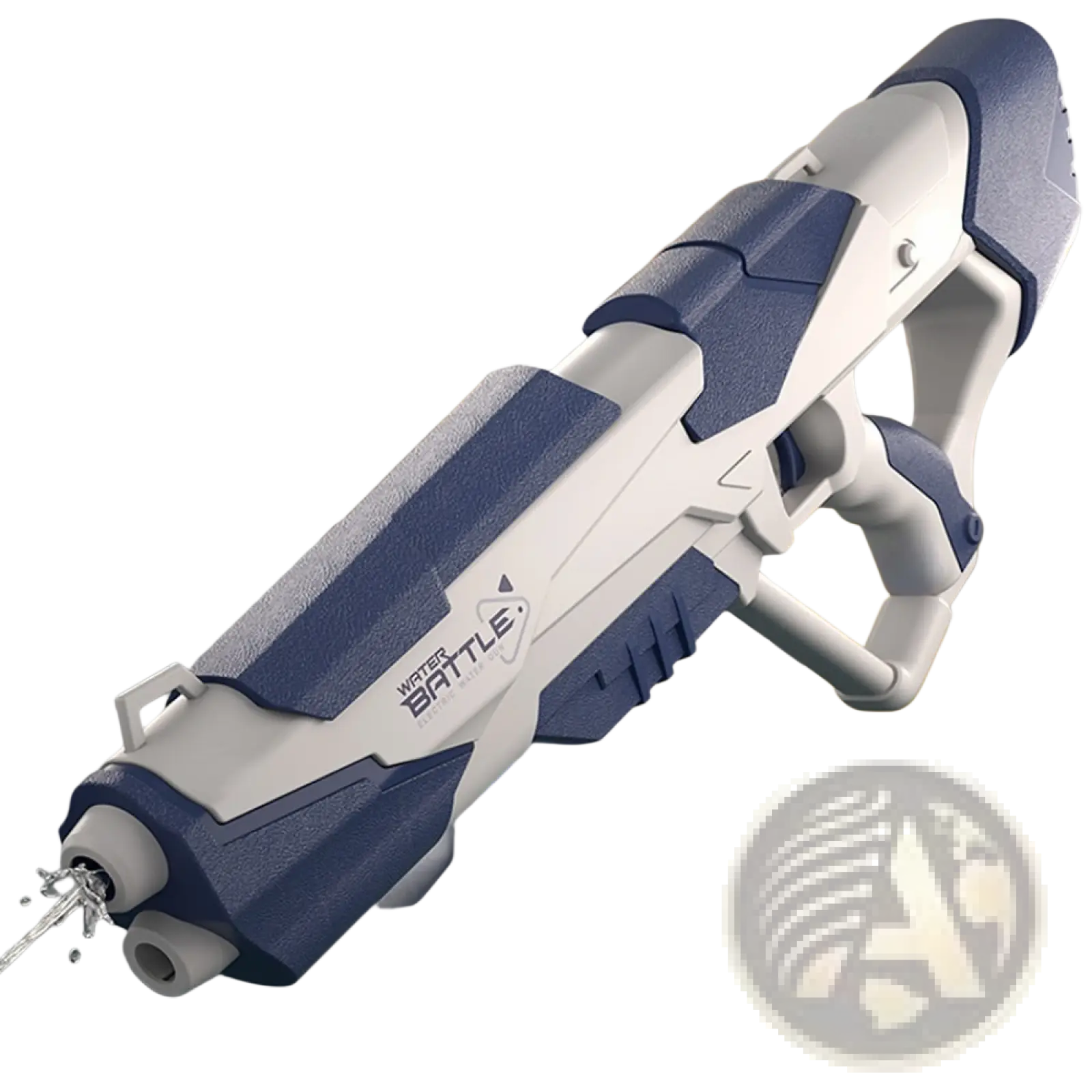 Blue and white plastic electric water gun with a sleek space-themed design and 358ml capacity for kids