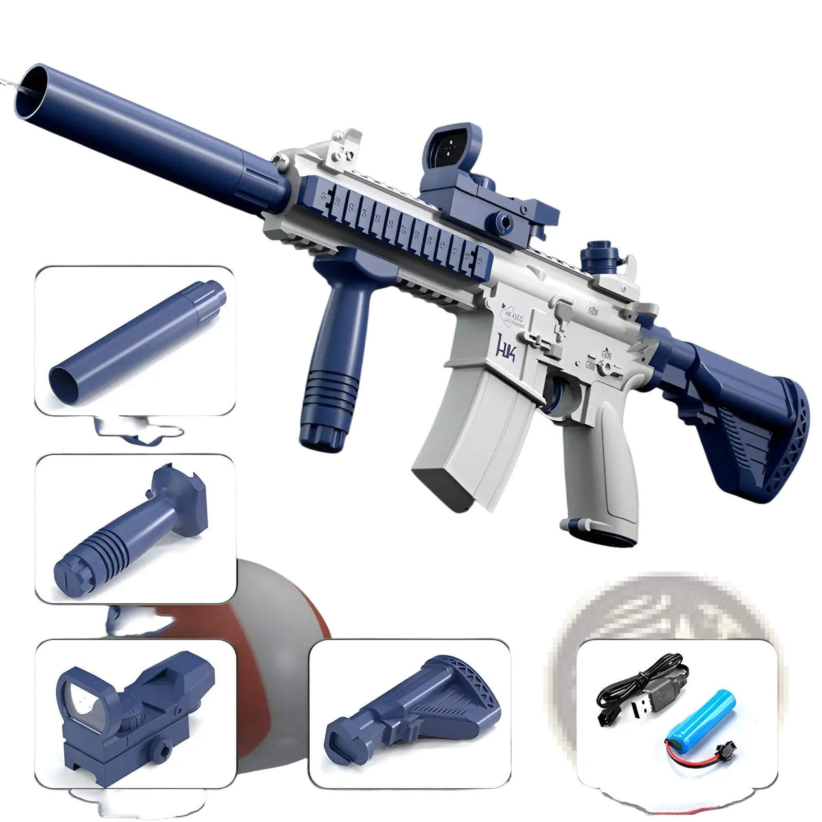 Blue and white plastic electric water gun automatic glock toy for kids with detachable parts and 358ml capacity