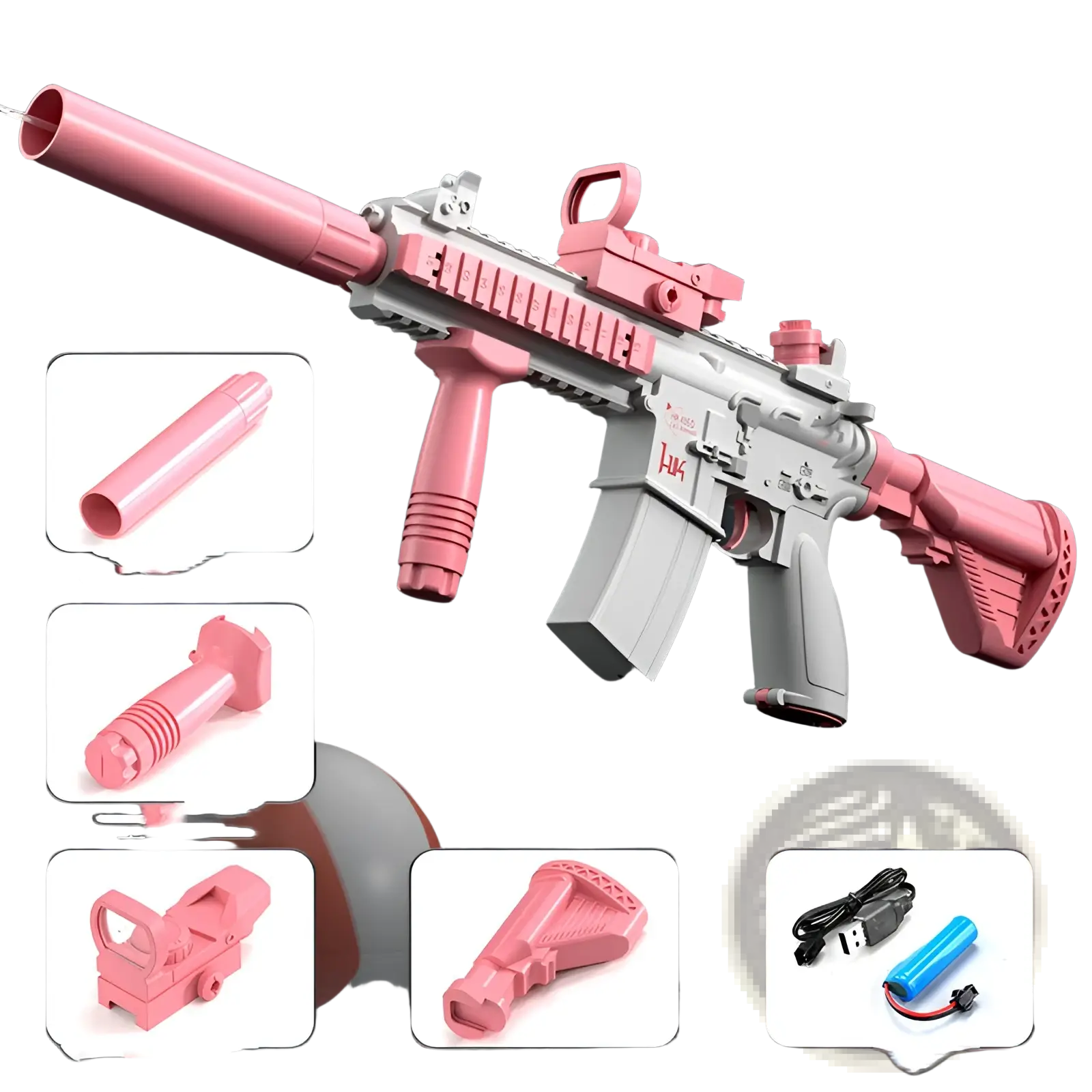 Electric water gun automatic glock toy for kids 358ml pink and gray plastic with detachable accessories