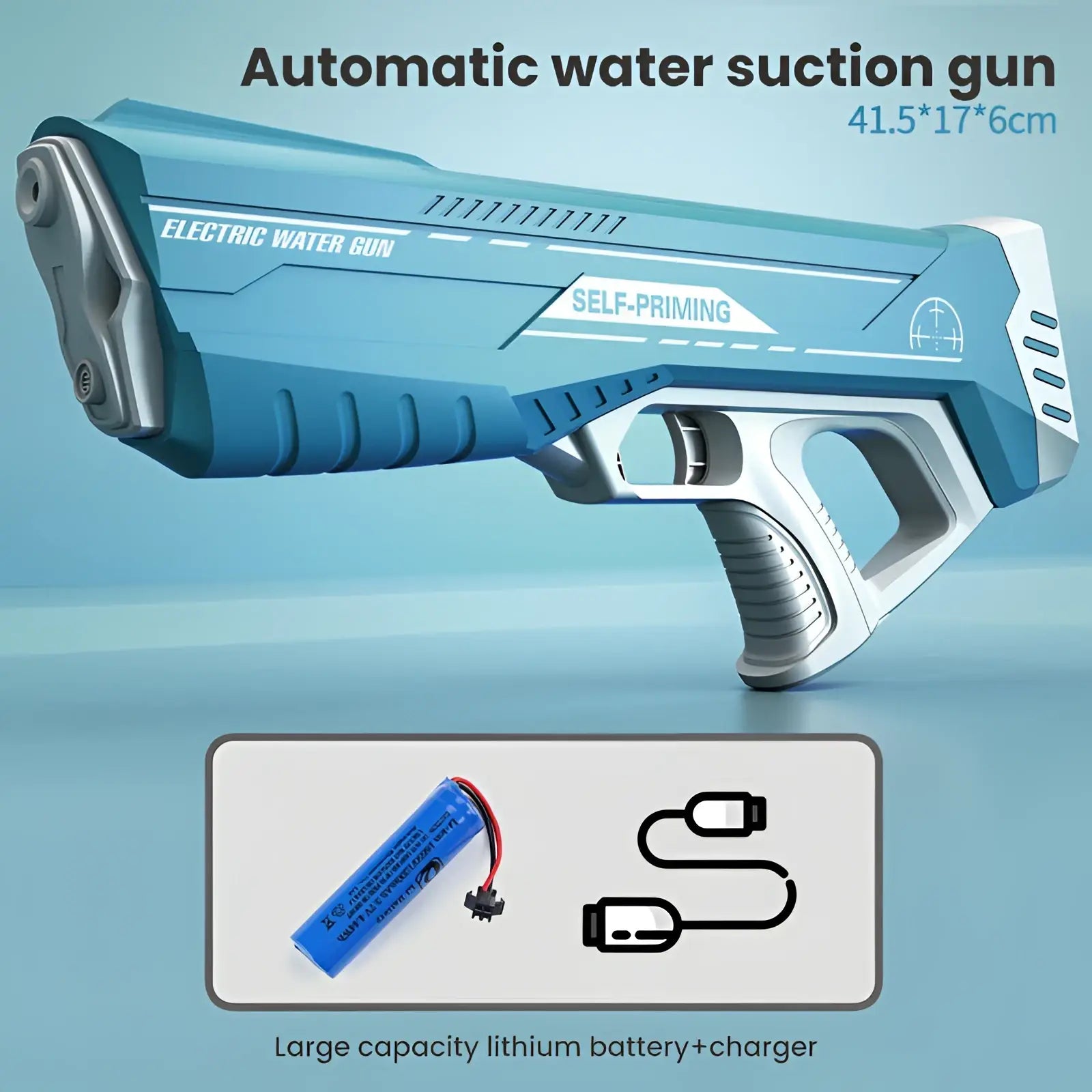 Electric water gun automatic glock toy for kids in blue and silver with self-priming design and 358ml capacity