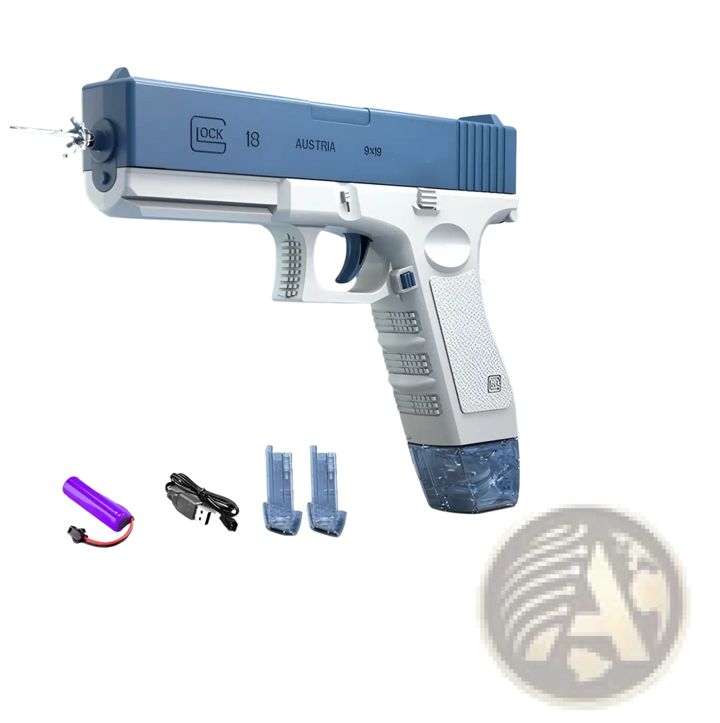 Electric water gun automatic Glock toy for kids 358ml blue and white plastic with textured grip and engraved markings