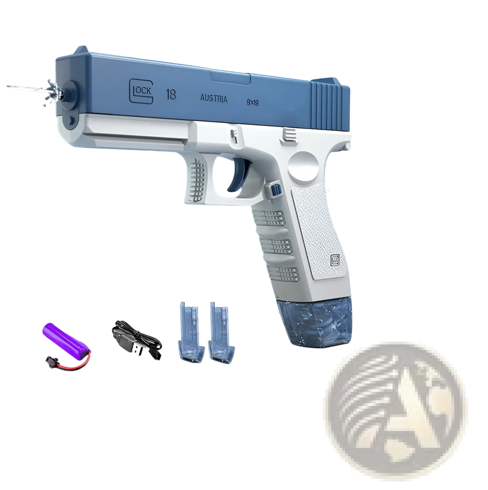 Electric water gun automatic Glock toy for kids 358ml blue and white plastic with textured grip and engraved markings