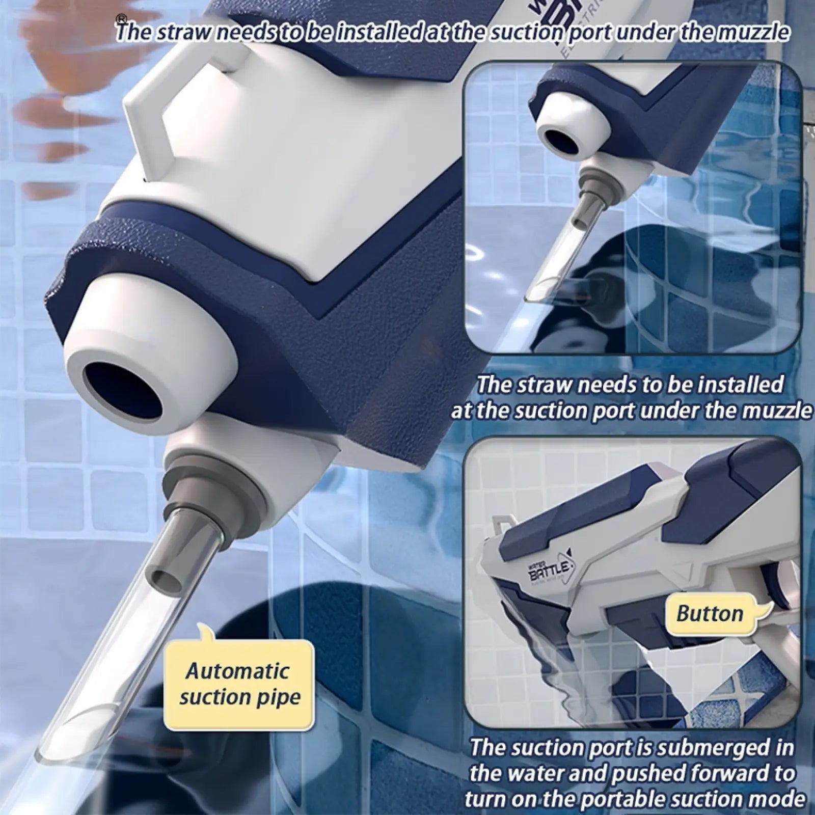 Blue and white plastic electric water gun with transparent straw attachment automatic glock toy for kids 358ml capacity