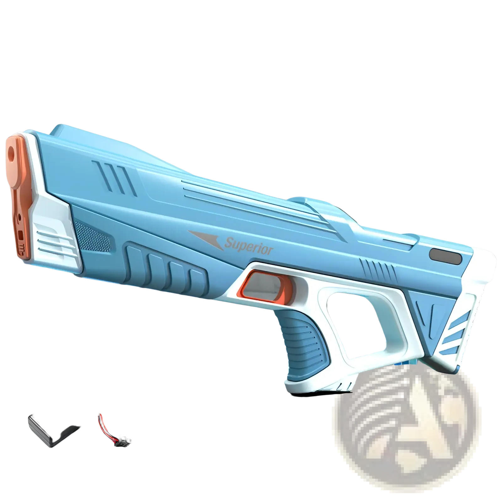 Electric water gun automatic induction burst toy in light blue and white plastic with orange accents and superior logo