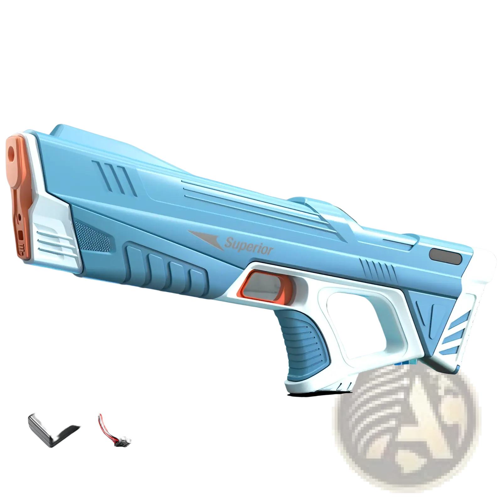 Electric water gun automatic induction burst toy in light blue white with orange accents textured grip and superior branding