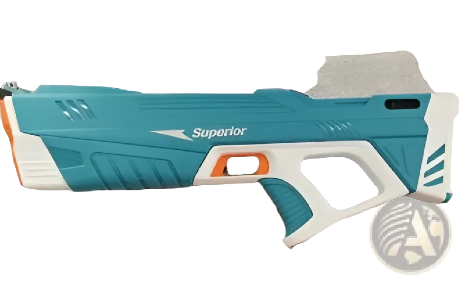 Teal and white plastic electric water gun with orange accents featuring automatic induction burst functionality