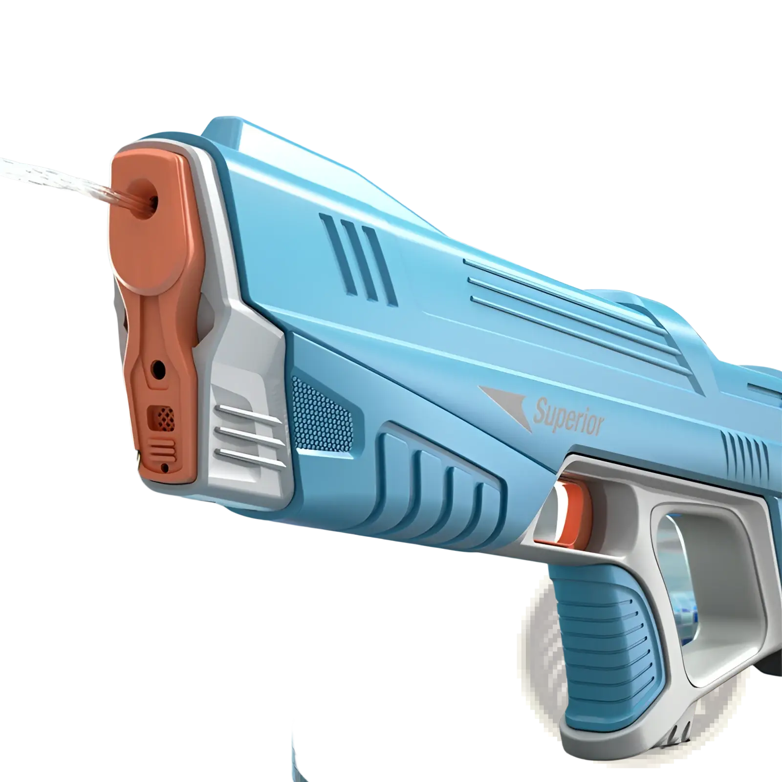 Electric water gun featuring automatic induction burst toy in light blue and gray plastic with orange accents and Superior logo