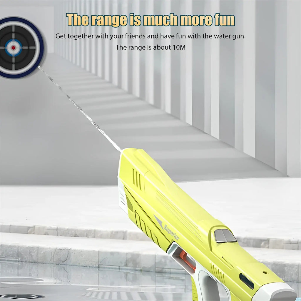 Bright yellow and white plastic electric water gun with automatic induction burst and sleek pistol-like design