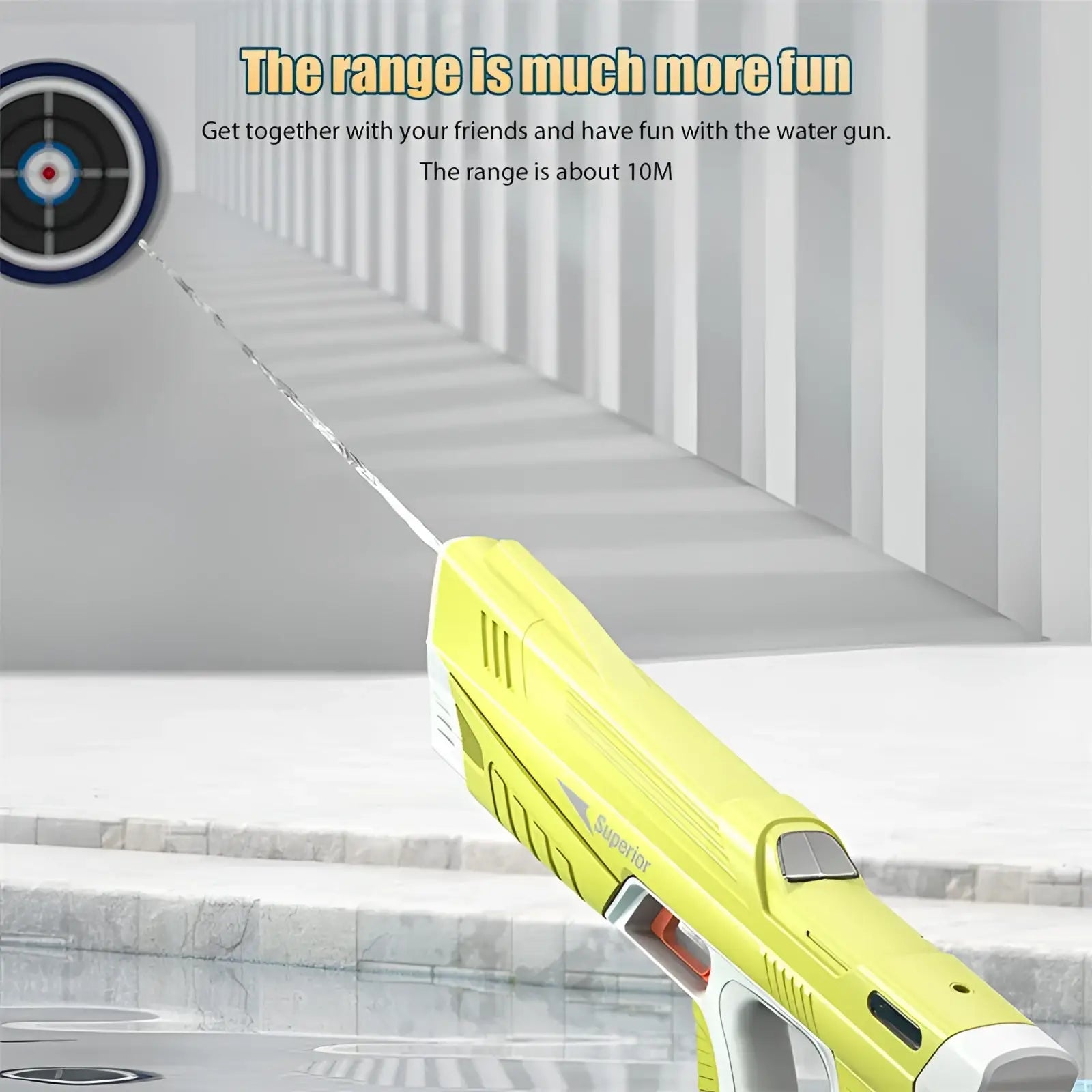 Bright yellow and white plastic electric water gun with automatic induction burst and sleek pistol-like design