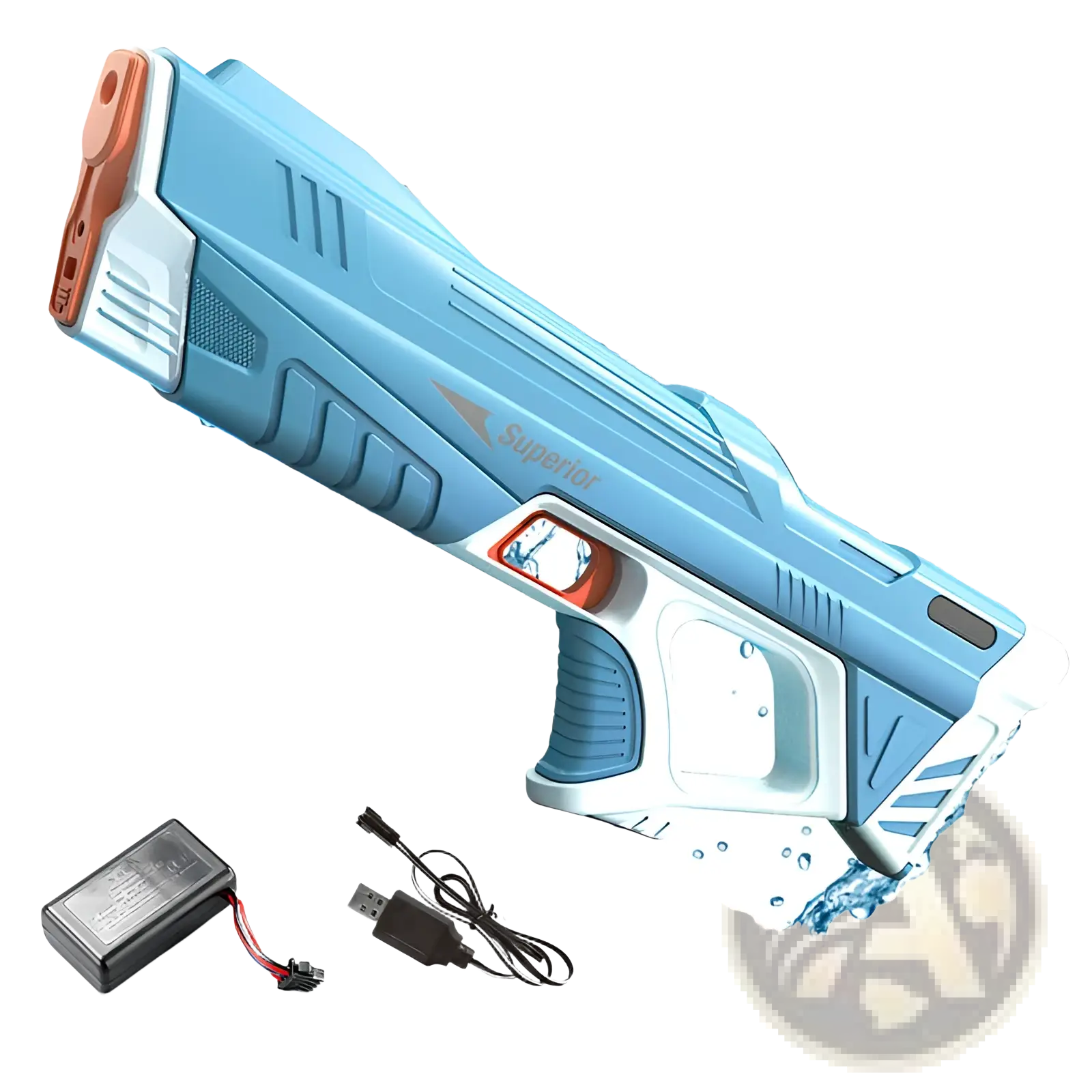 Light blue and white electric water gun with orange accents and superior logo made of sleek plastic for automatic burst play