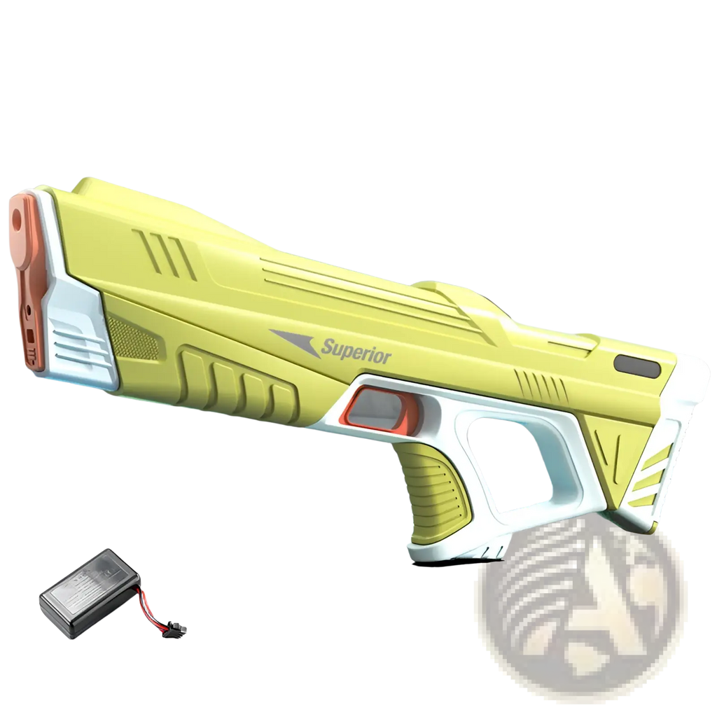 Electric water gun superior in yellow and white plastic with orange accents measuring 43cm for automatic burst play