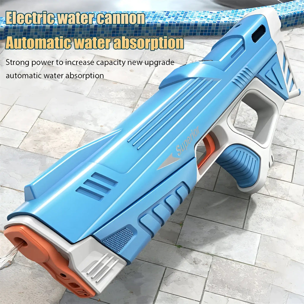 Blue and white electric water gun with orange accents features a sleek plastic design for automatic water absorption