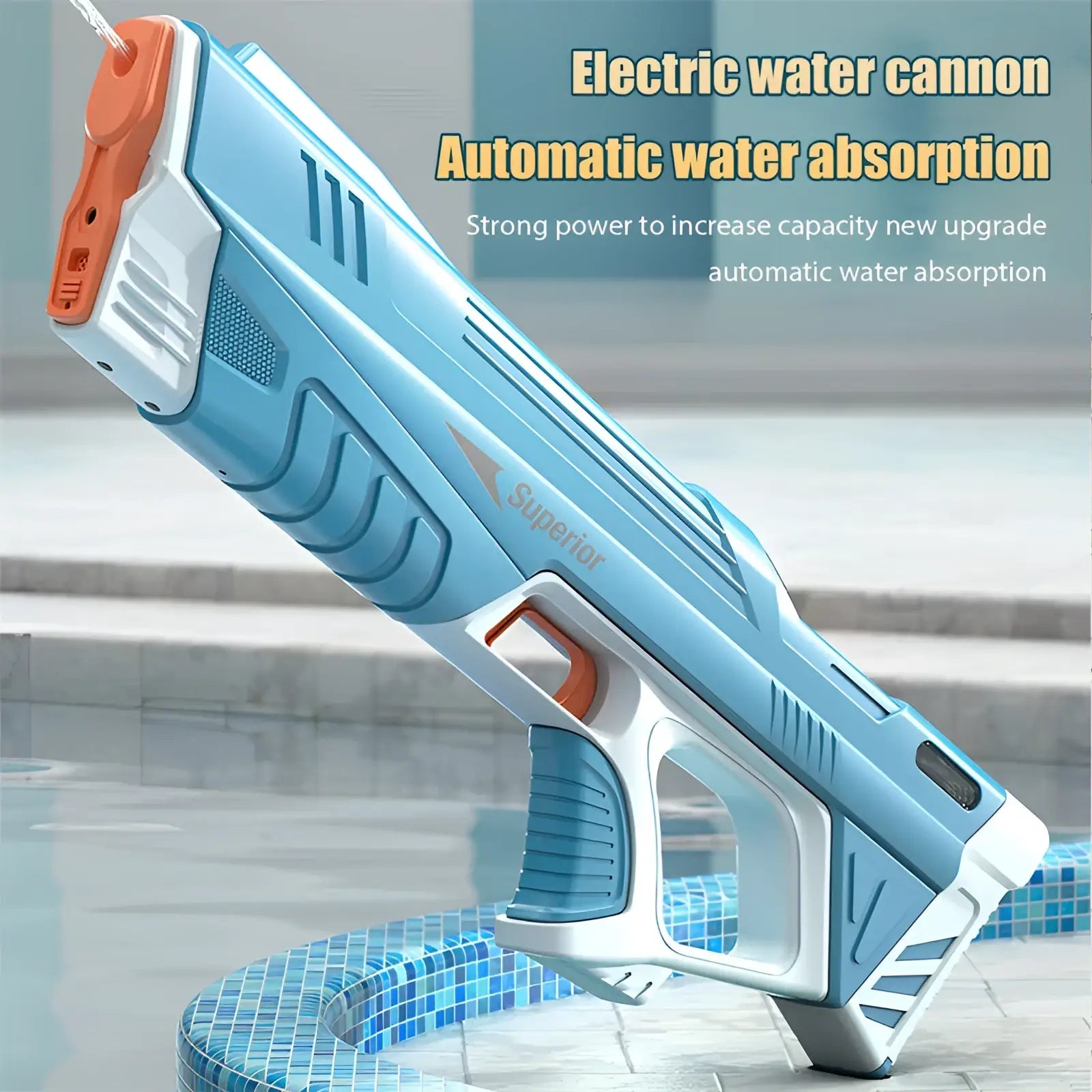 Electric water gun automatic induction burst toy in light blue and white with orange accents featuring a sleek gun design