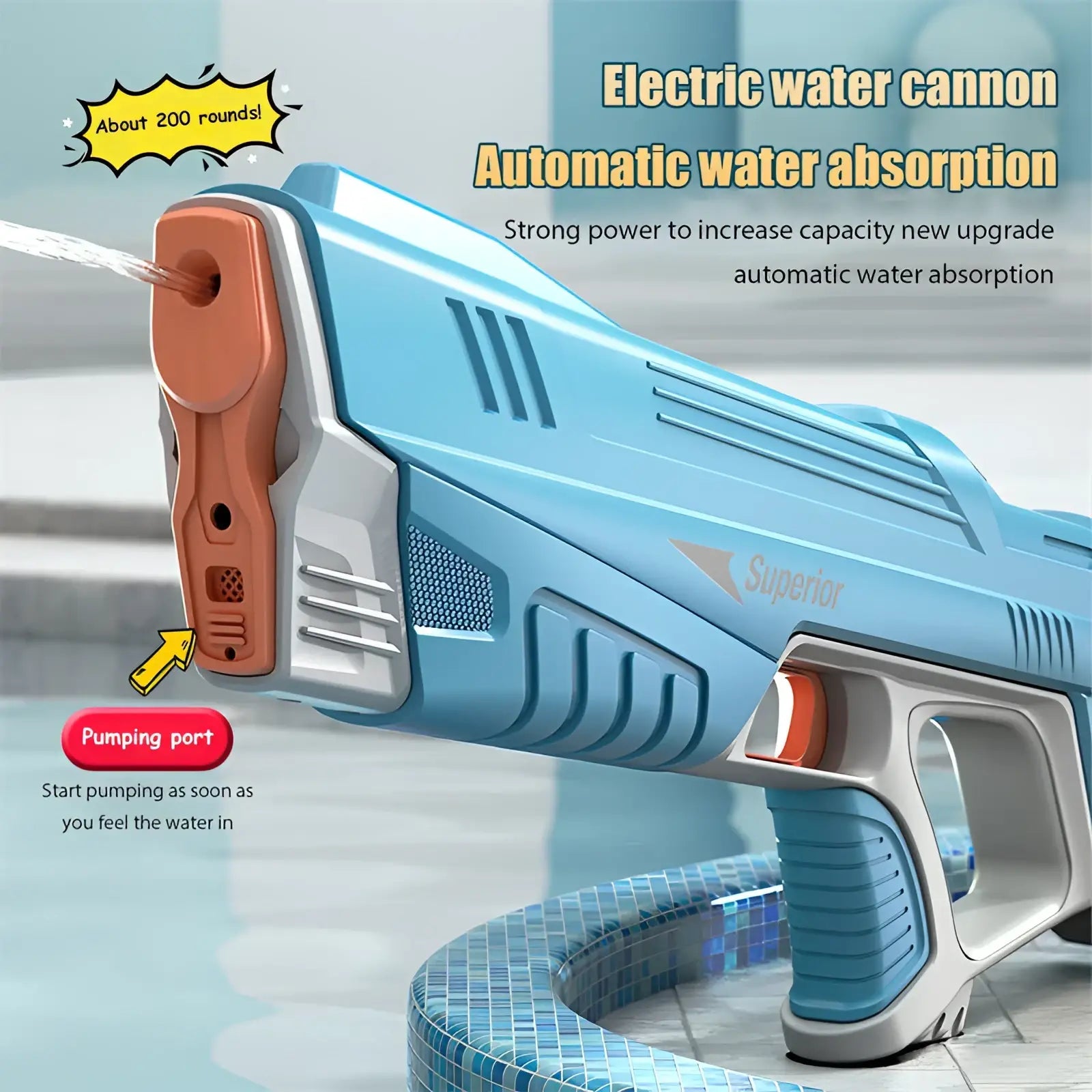 Light blue and gray electric water gun with orange accents featuring a pump port for automatic water absorption