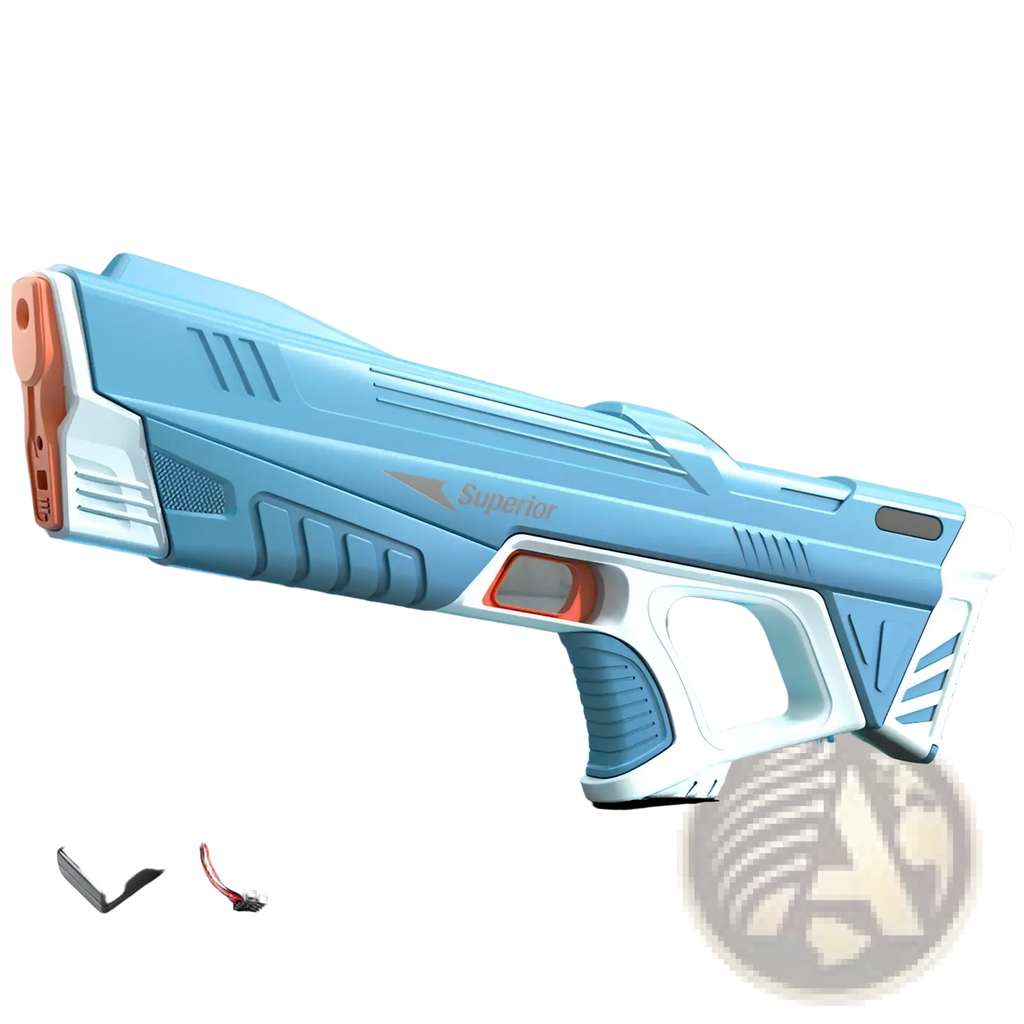 Electric water gun automatic induction burst toy in light blue and white plastic with orange accents branded superior