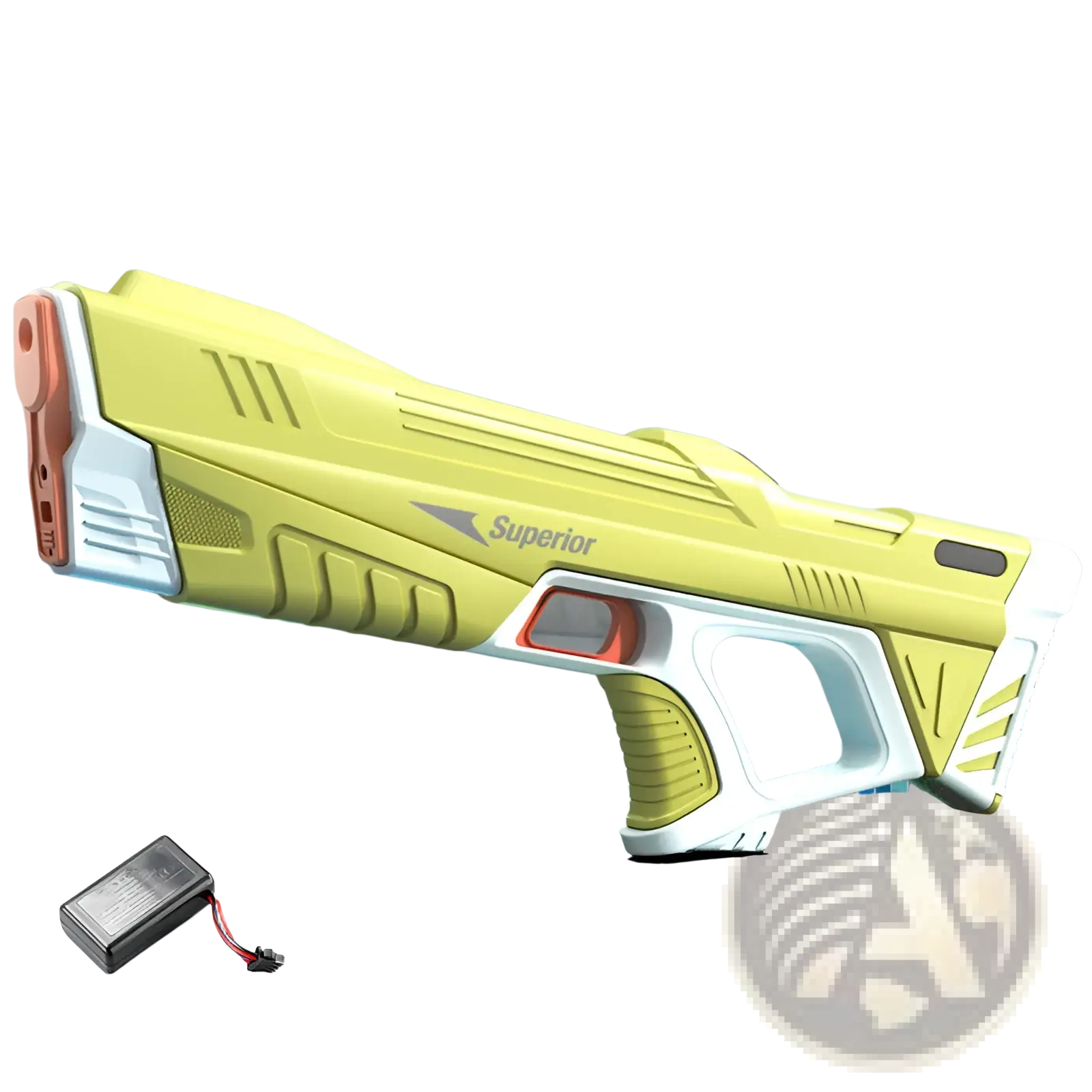 Yellow and white plastic electric water gun with orange accents branded superior automatic induction burst toy 43cm