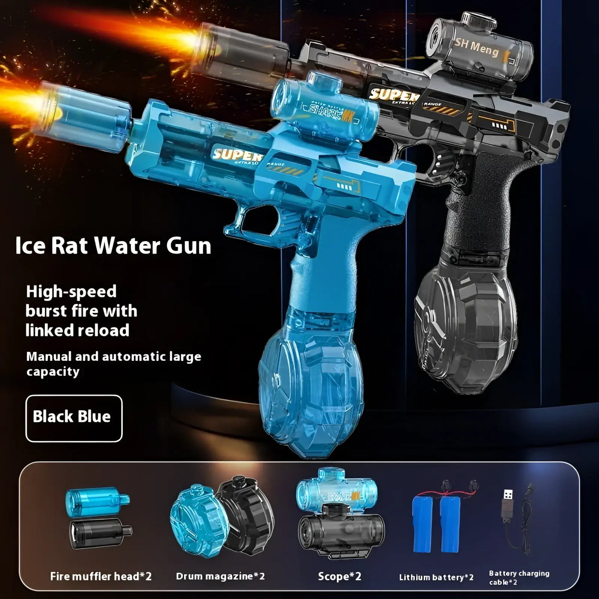Blue translucent plastic electric water gun with black accents and led shark scope for outdoor use