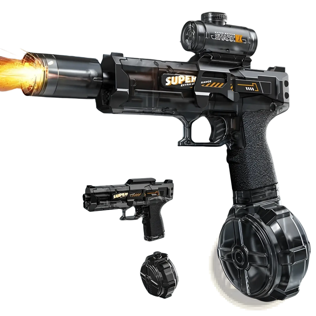 Black plastic electric water gun with transparent barrel textured grip and led shark scope for outdoor use