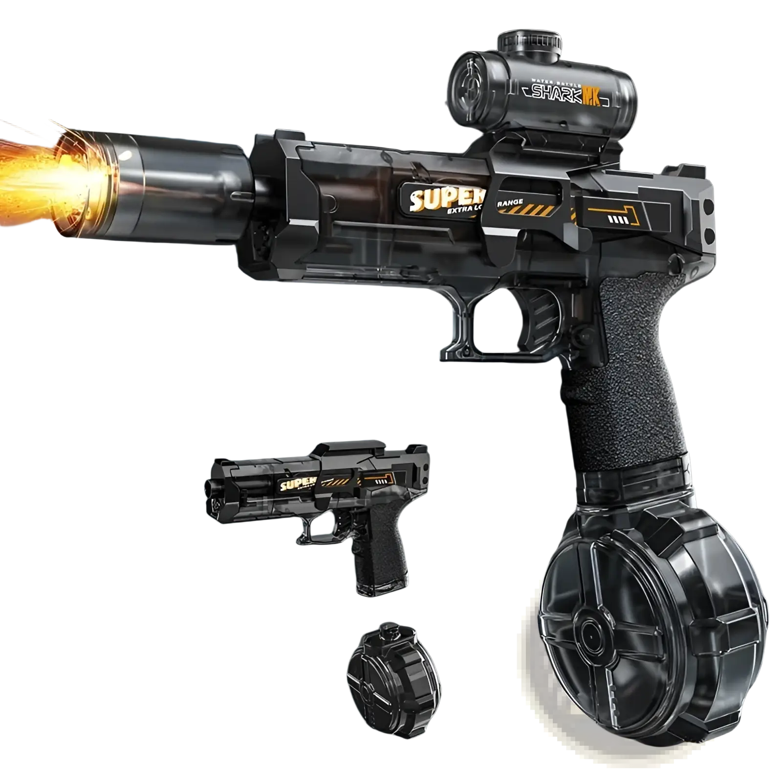 Black plastic electric water gun with transparent barrel textured grip and led shark scope for outdoor use