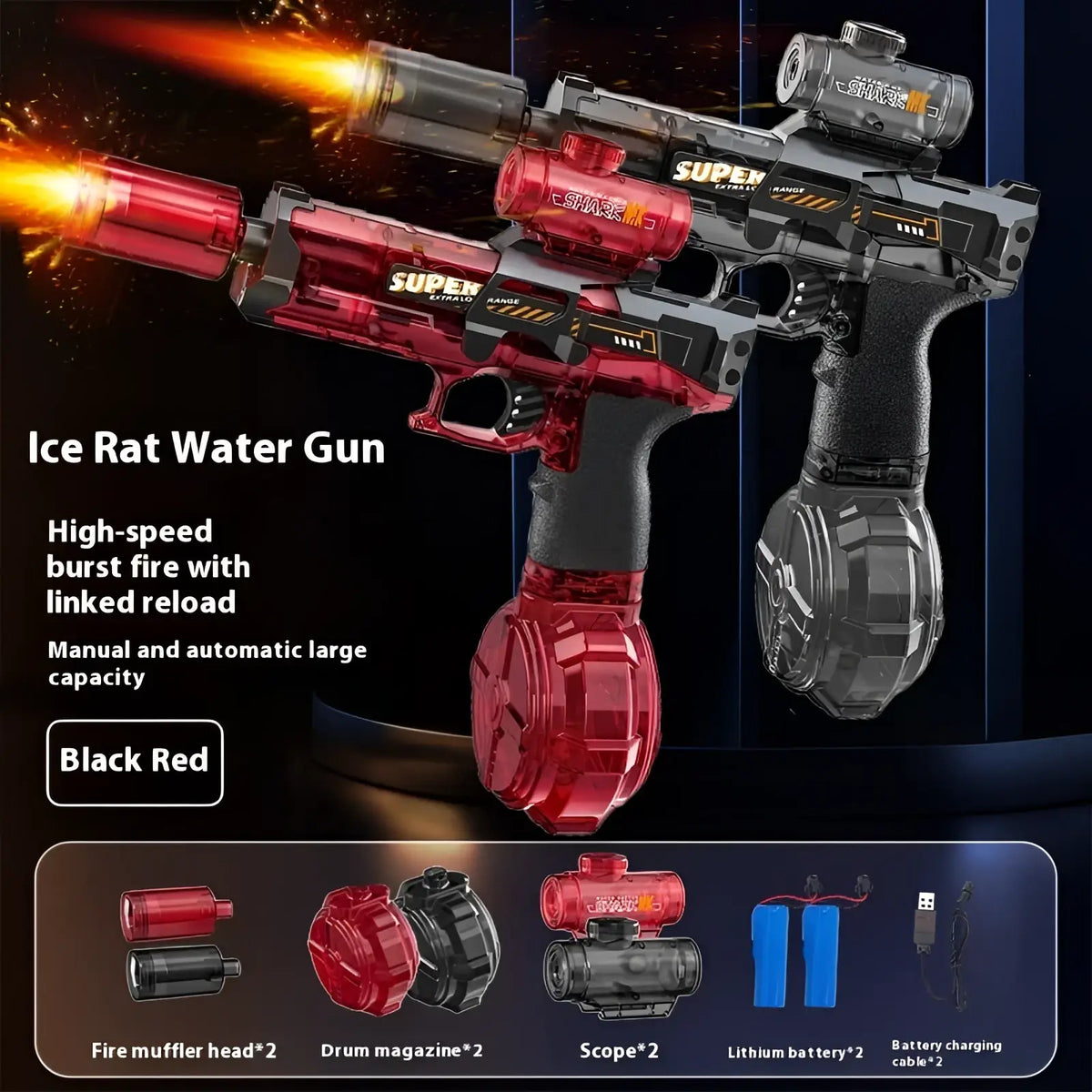 Electric water gun led shark scope toy with red transparent barrel black grip and detachable scope for outdoor fun