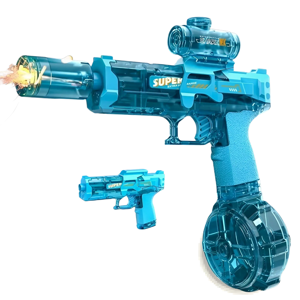 Blue translucent plastic electric water gun with led shark scope and drum magazine for outdoor use