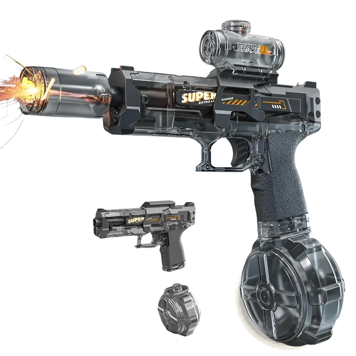 Electric water gun led shark scope outdoor toy made of grey translucent plastic with clear scope and textured grip