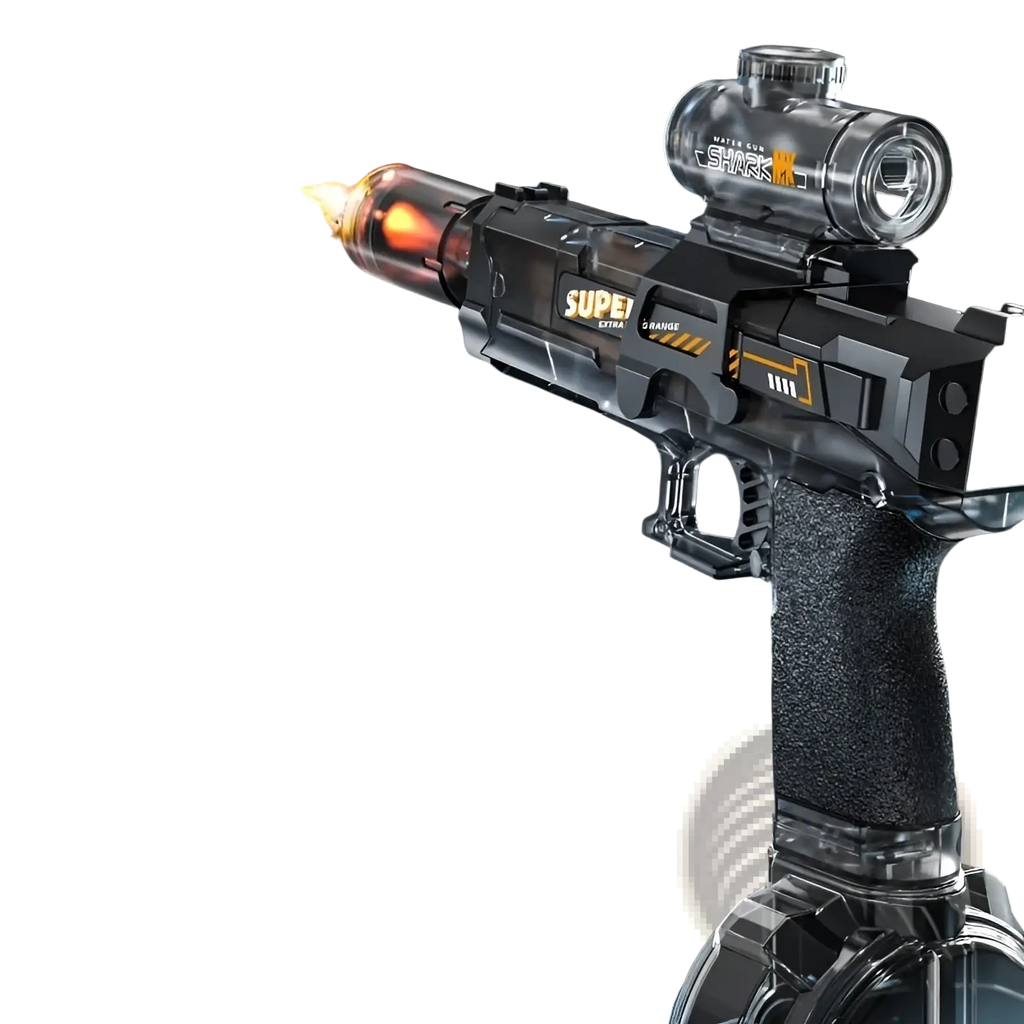 Electric water gun with black and transparent plastic body orange glowing projectile super extra range and shark scope for outdoor use
