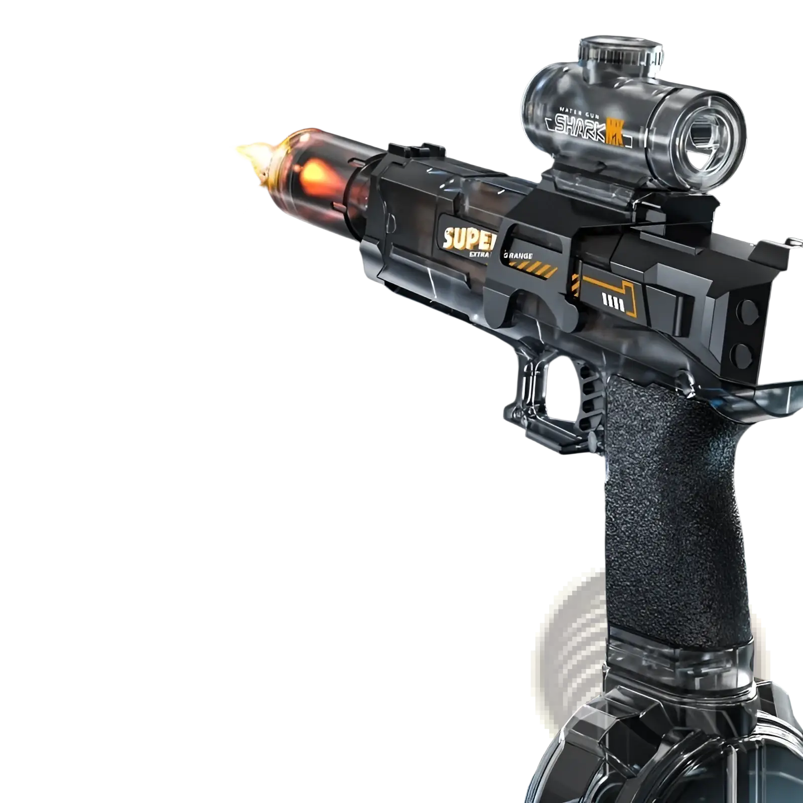 Electric water gun with black and transparent plastic body orange glowing projectile super extra range and shark scope for outdoor use