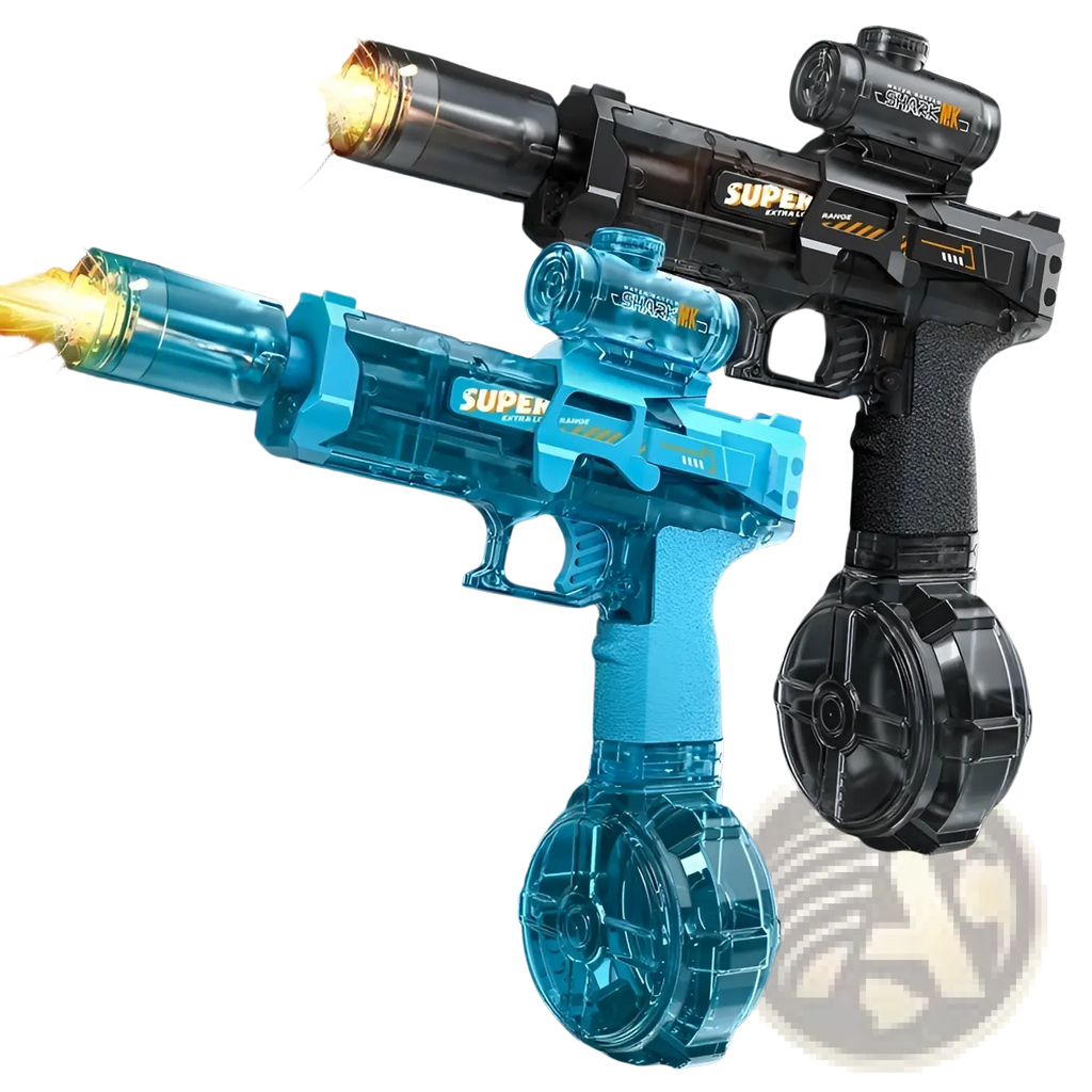 Electric water gun led shark scope outdoor toy in translucent blue and black with glowing orange laser and super branding