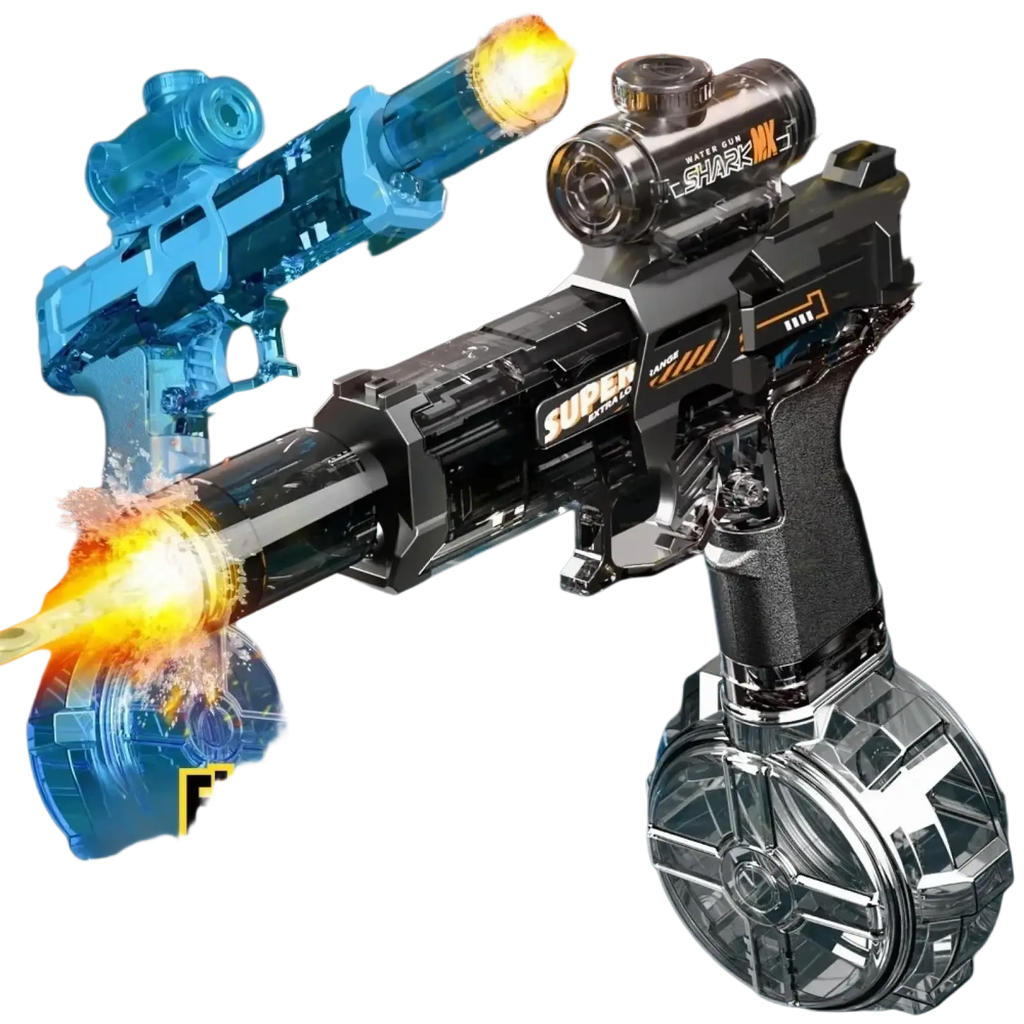 Black and transparent plastic electric water gun with led shark scope trigger guard and circular base for outdoor play