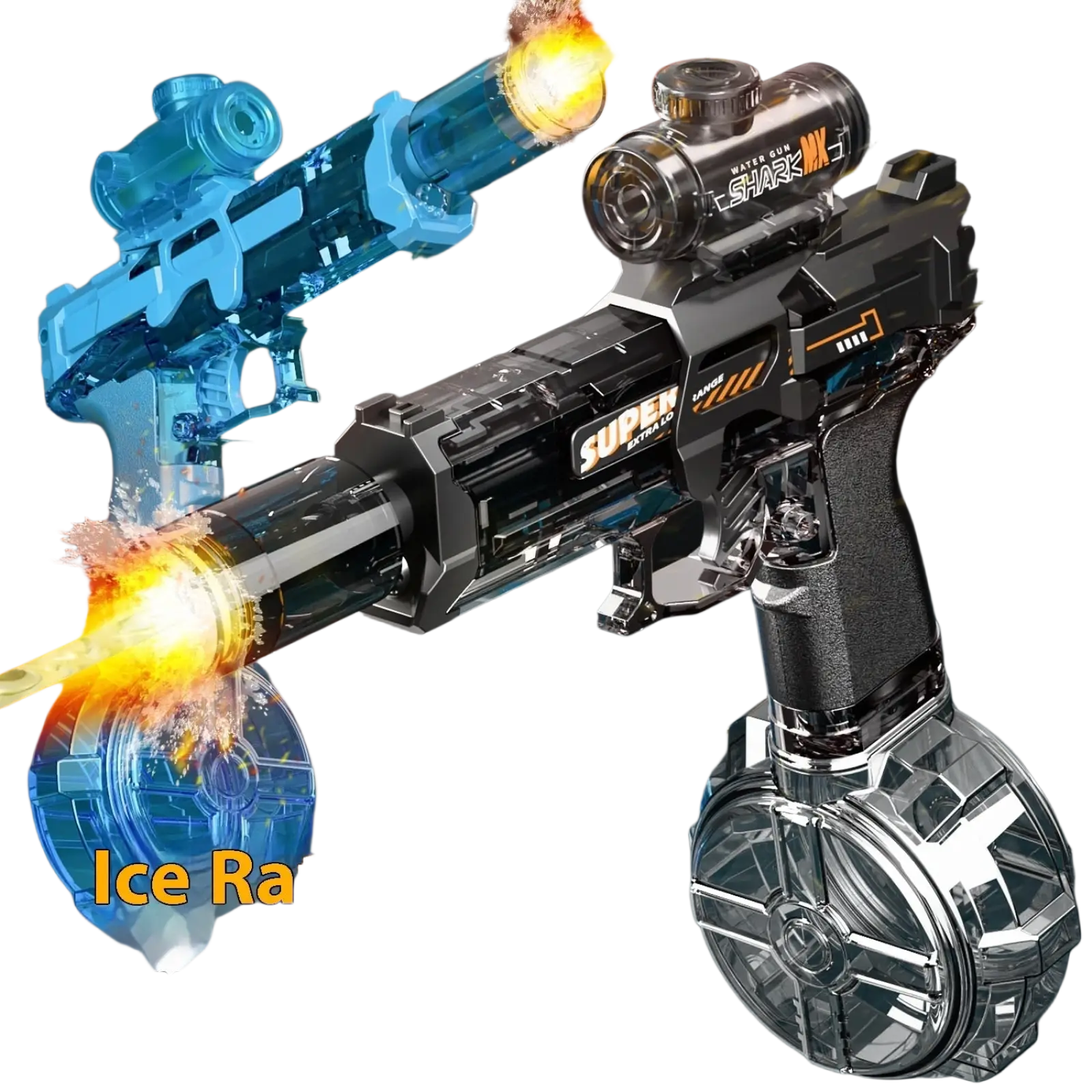 Black and transparent plastic electric water gun with super branding and circular base for stability outdoor toy