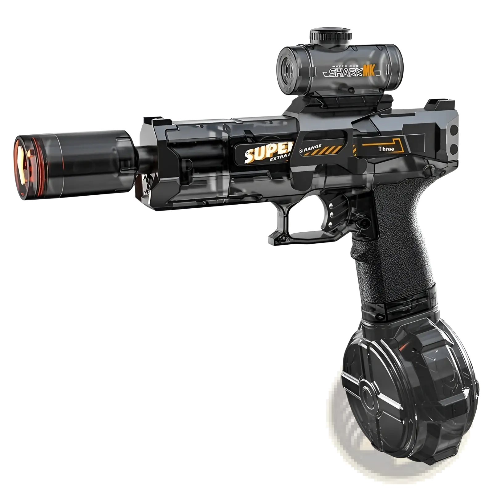 Electric water gun led shark scope outdoor toy in black and transparent plastic with orange barrel and grip accents
