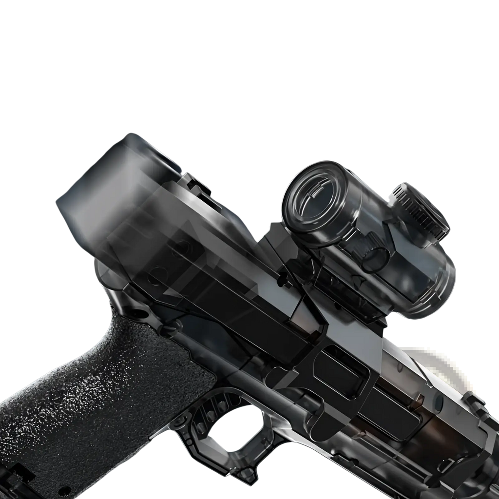 Black and translucent plastic electric water gun with led shark scope featuring the cute kid brand logo for outdoor use