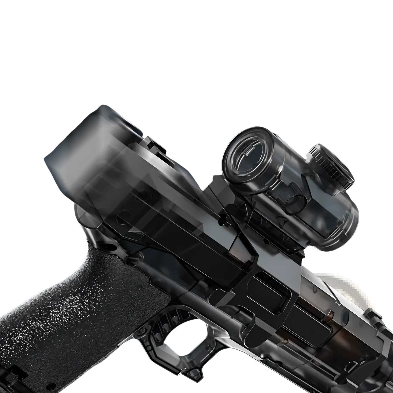 Black and translucent plastic electric water gun with led shark scope featuring the cute kid brand logo for outdoor use