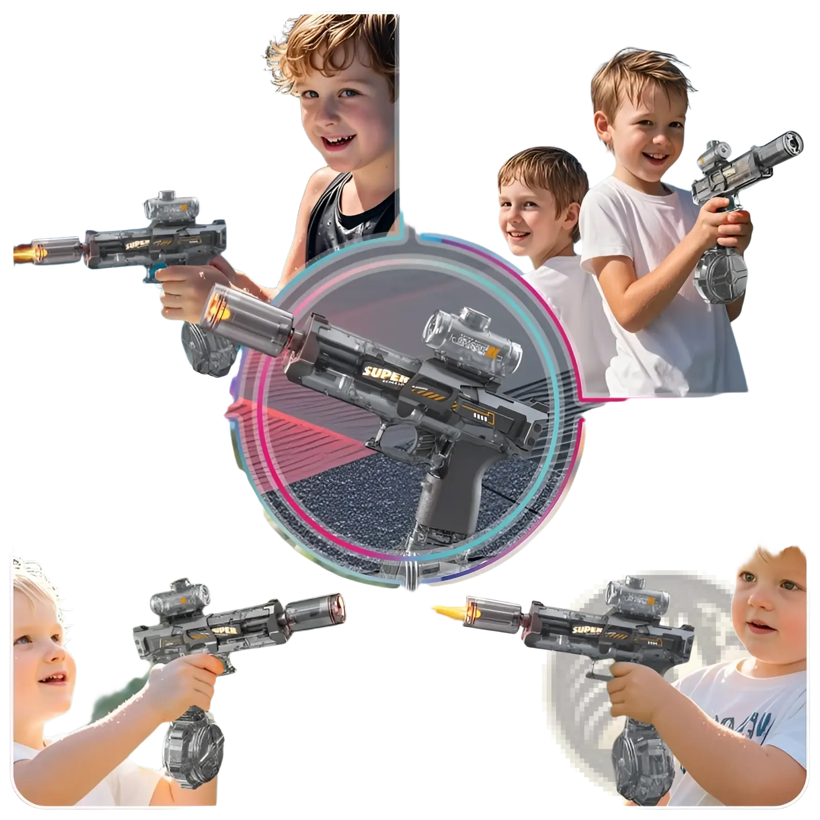 Gray plastic electric water gun with black grip and transparent barrel featuring yellow super print for outdoor play