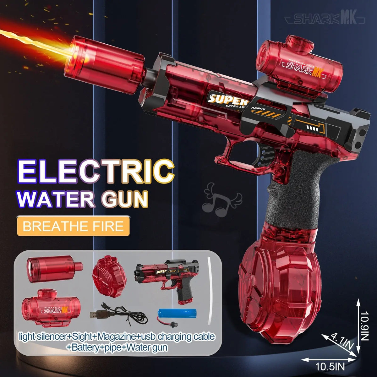Electric water gun led shark scope outdoor toy in red translucent plastic with black grip and shark mk branding