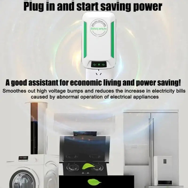 White and green electricity saving box smart energy saver with sleek rectangular design and vertical green stripes for home use