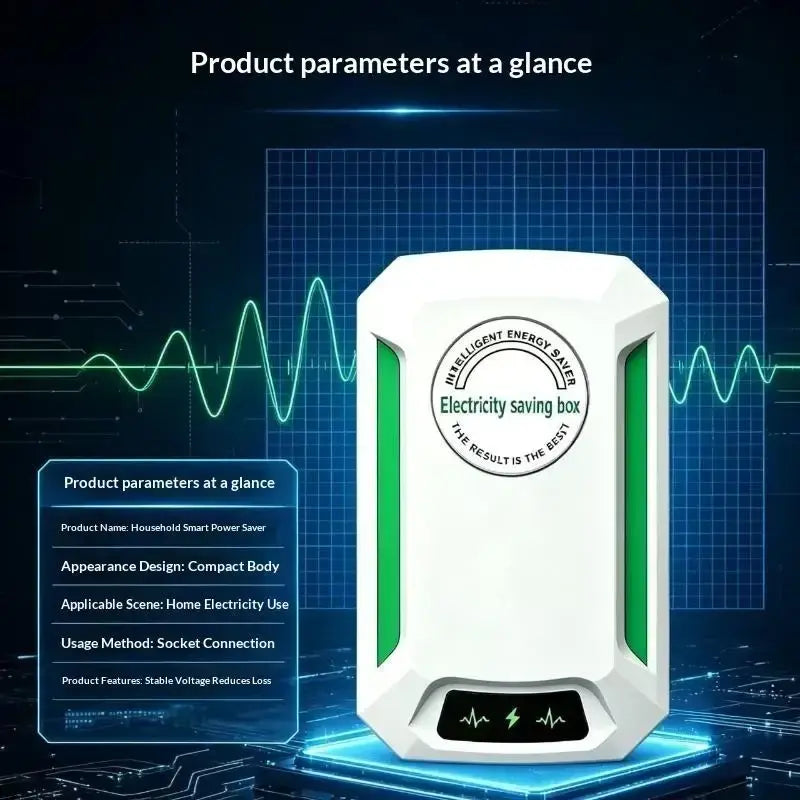Electricity saving box smart energy saver in white and green with led indicators for stable voltage reduction
