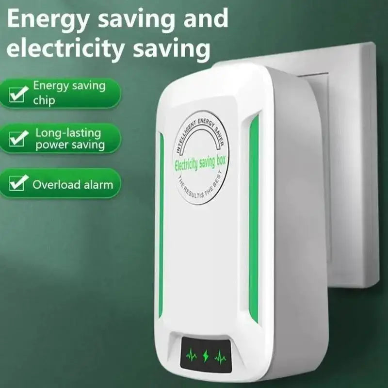 White and green electricity saving box smart energy saver plug-in device with a sleek rectangular design for home use
