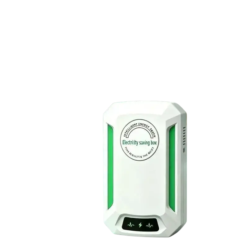 Electricity saving box in white and green with a circular label designed for smart energy saving at home